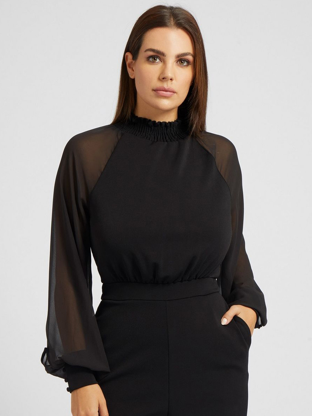 GUESS High Neck Cuffed Sleeves Sheath Mini Dress