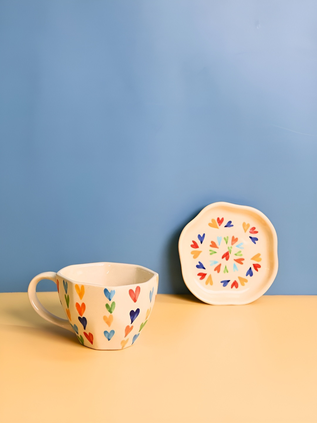 WEAVING HOMES Beige Conversational Ceramic Handmade Mug with Dessert Plate-220ml