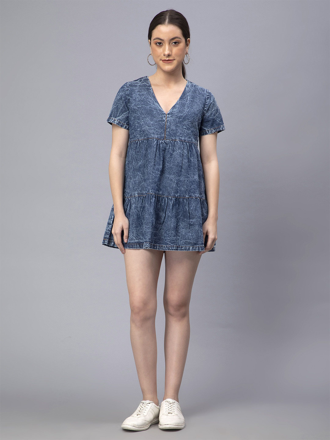 DRAPE AND DAZZLE Denim Tiered A-Line Mini Dress