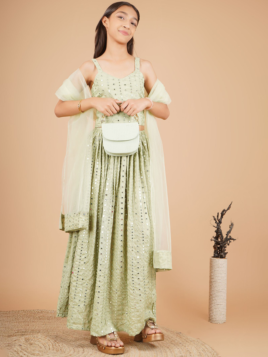 Unique Designers Girls Embellished Mirror Work Ready to Wear Lehenga & Blouse With Dupatta