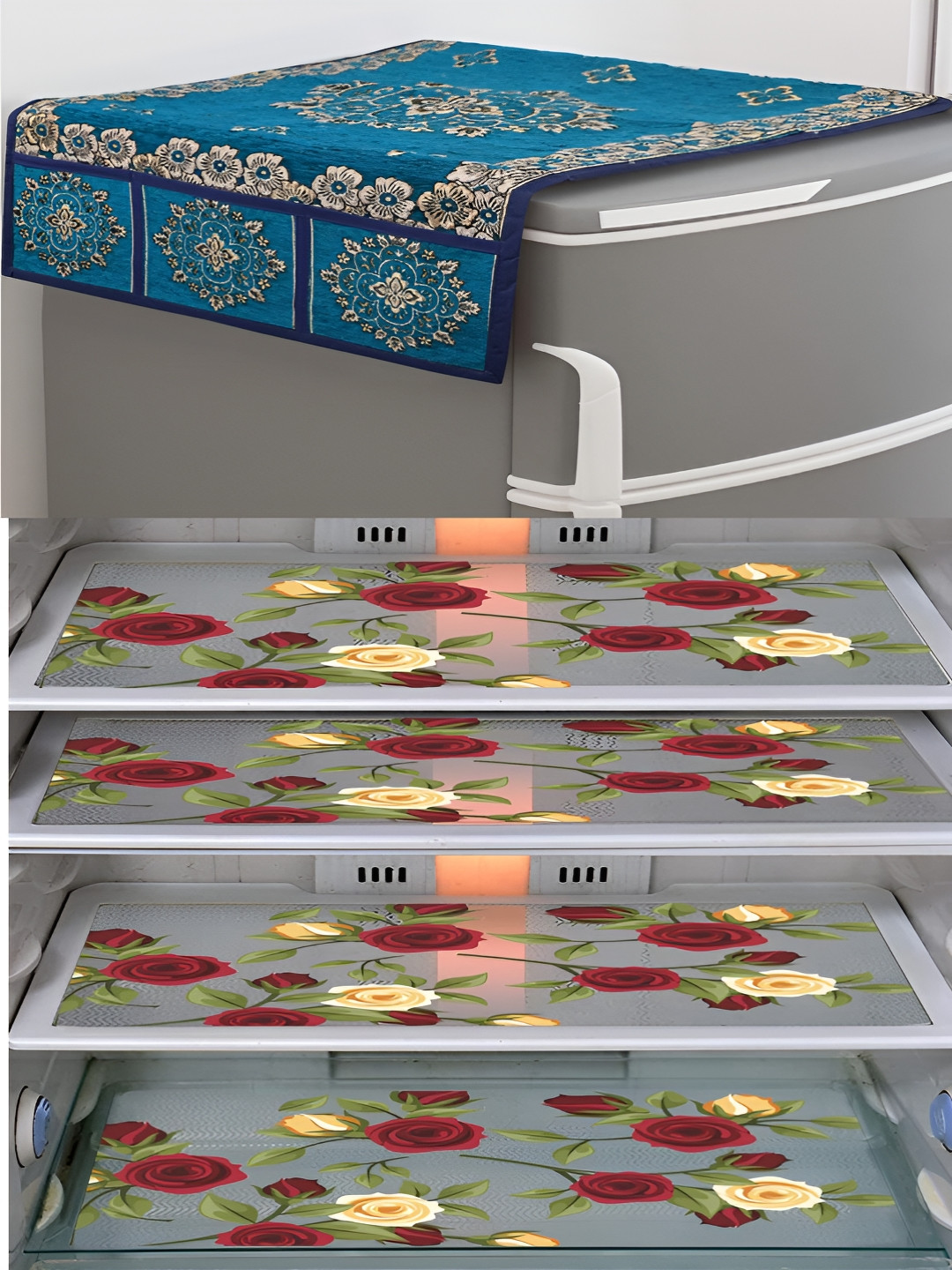 LooMantha Transparent & Blue 5 Pieces Floral Printed Fridge Top Cover & Fridge Mats