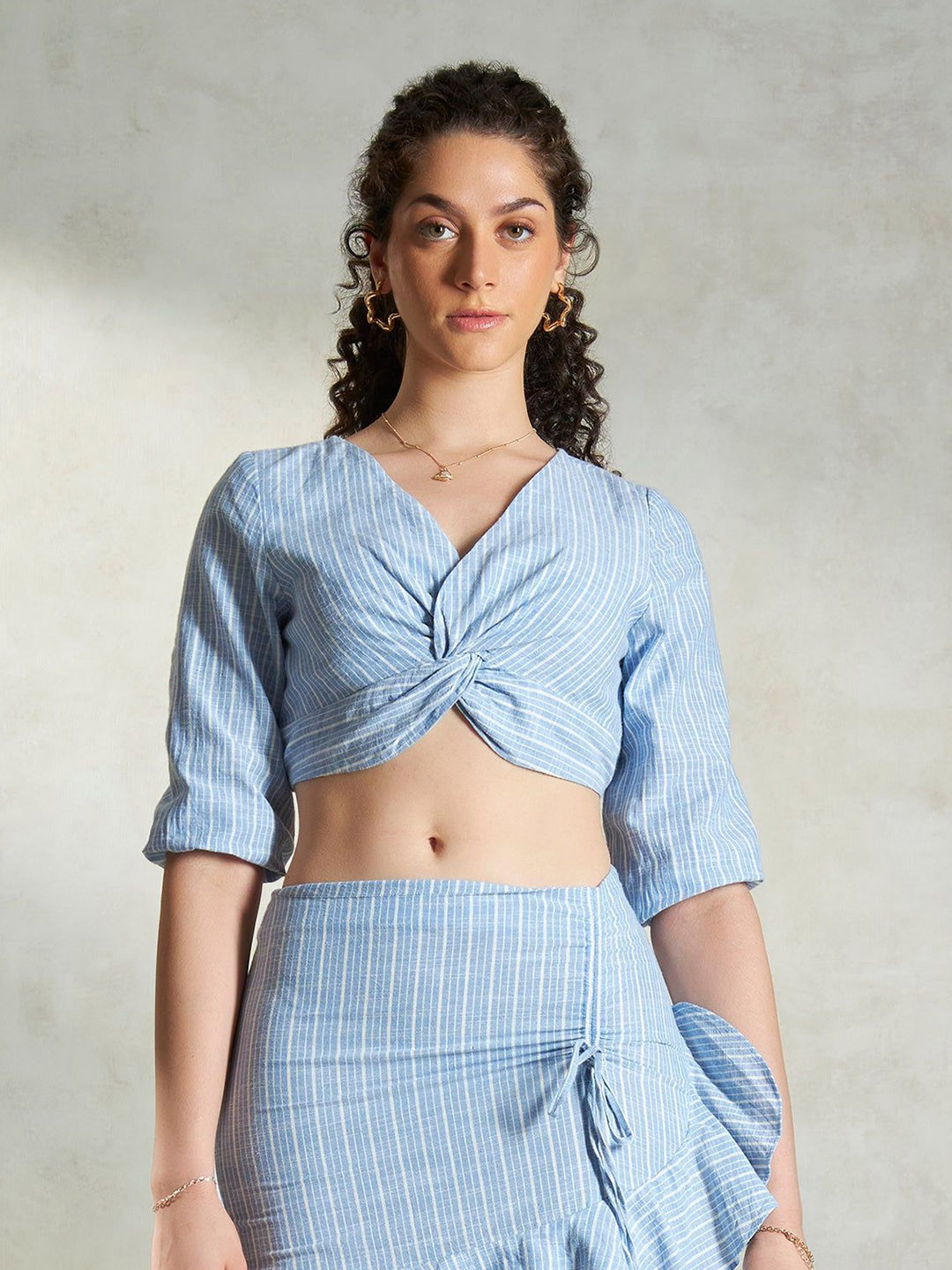 Virgio Pure Cotton Twisted Print Stripe Crop Shirt