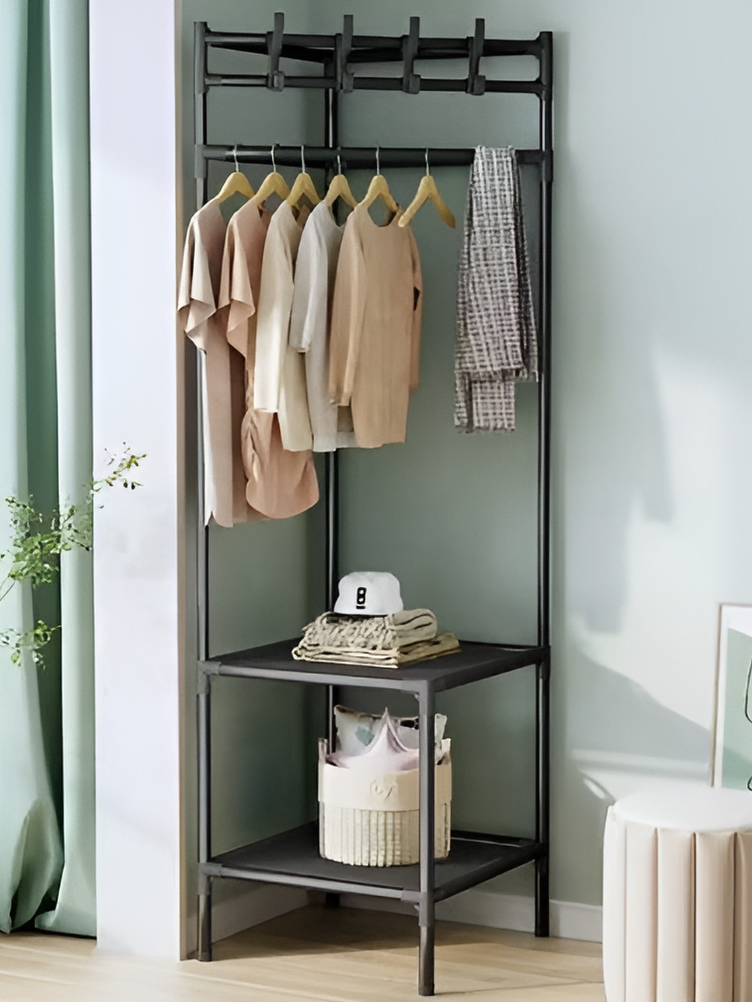 KriShyam 2 Tiers Metal Corner Portable Garment Rack with Shelf