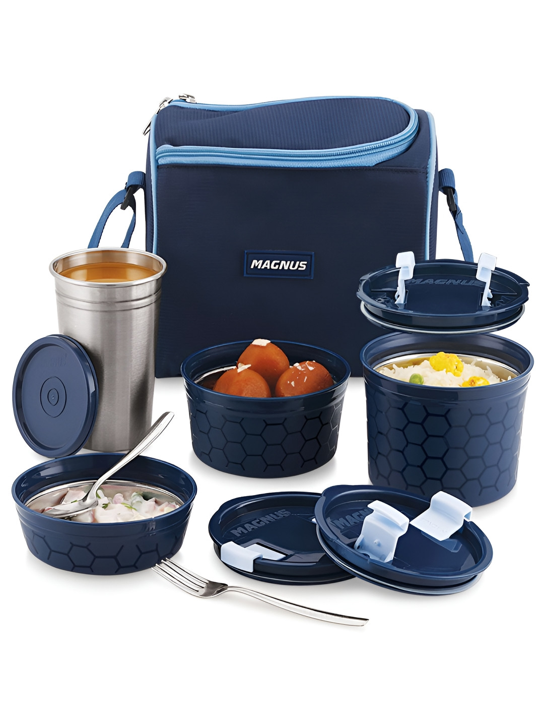 MAGNUS Blue 4 Pieces Stainless Steel Lunch Box With Insulated Lunch Bag