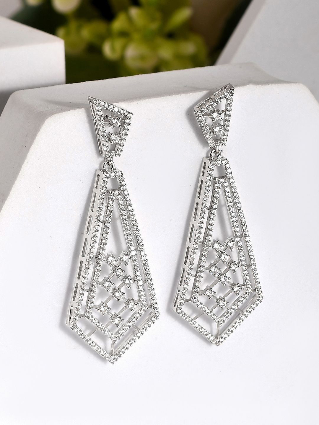 Voylla Rhodium-Plated American Diamond Sparkling Elegance Drop Earrings