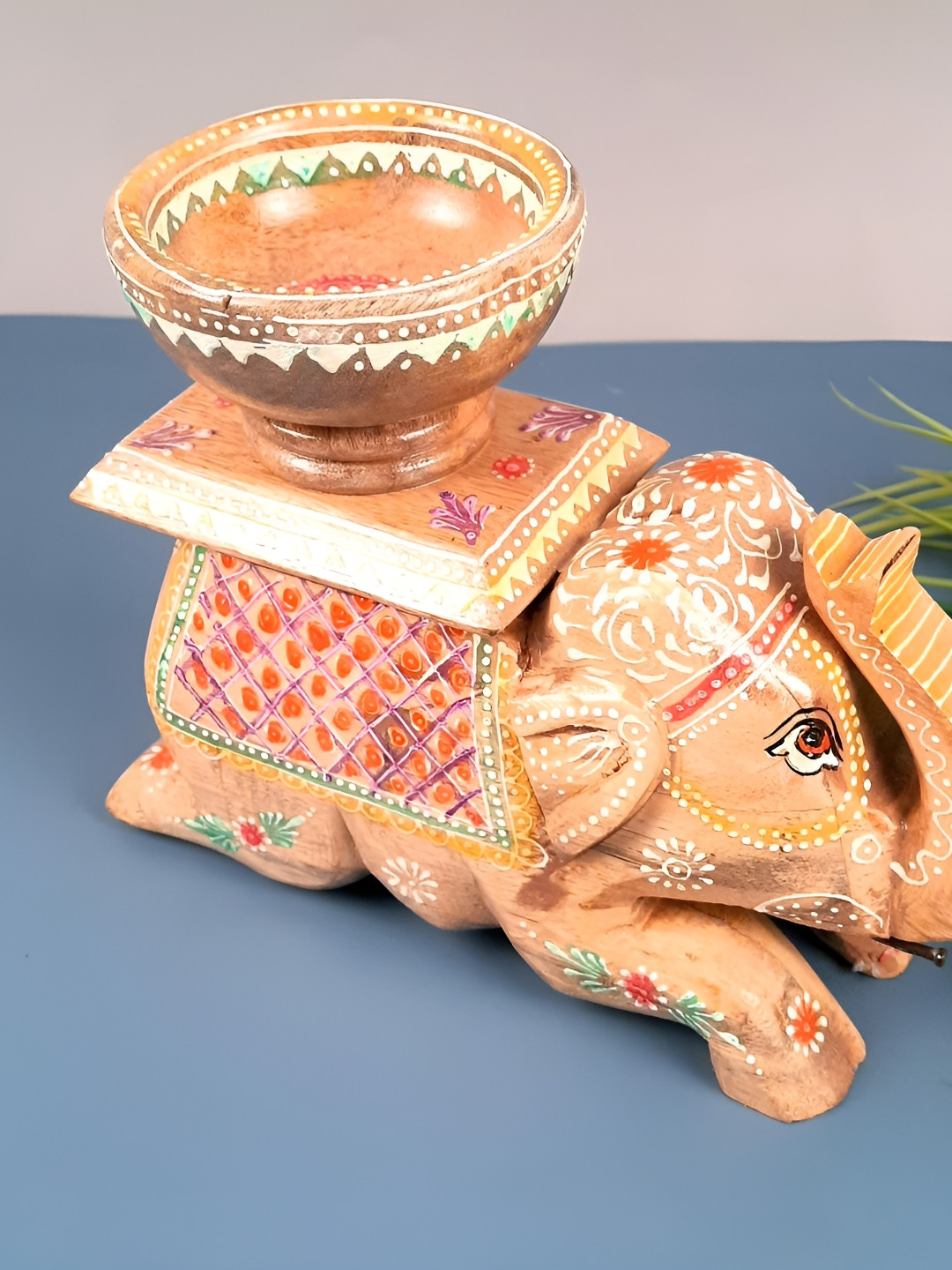 apka mart Elephant with Bowl Brown Wood Natural Living Room Medium Showpiece - 8.7 Inches