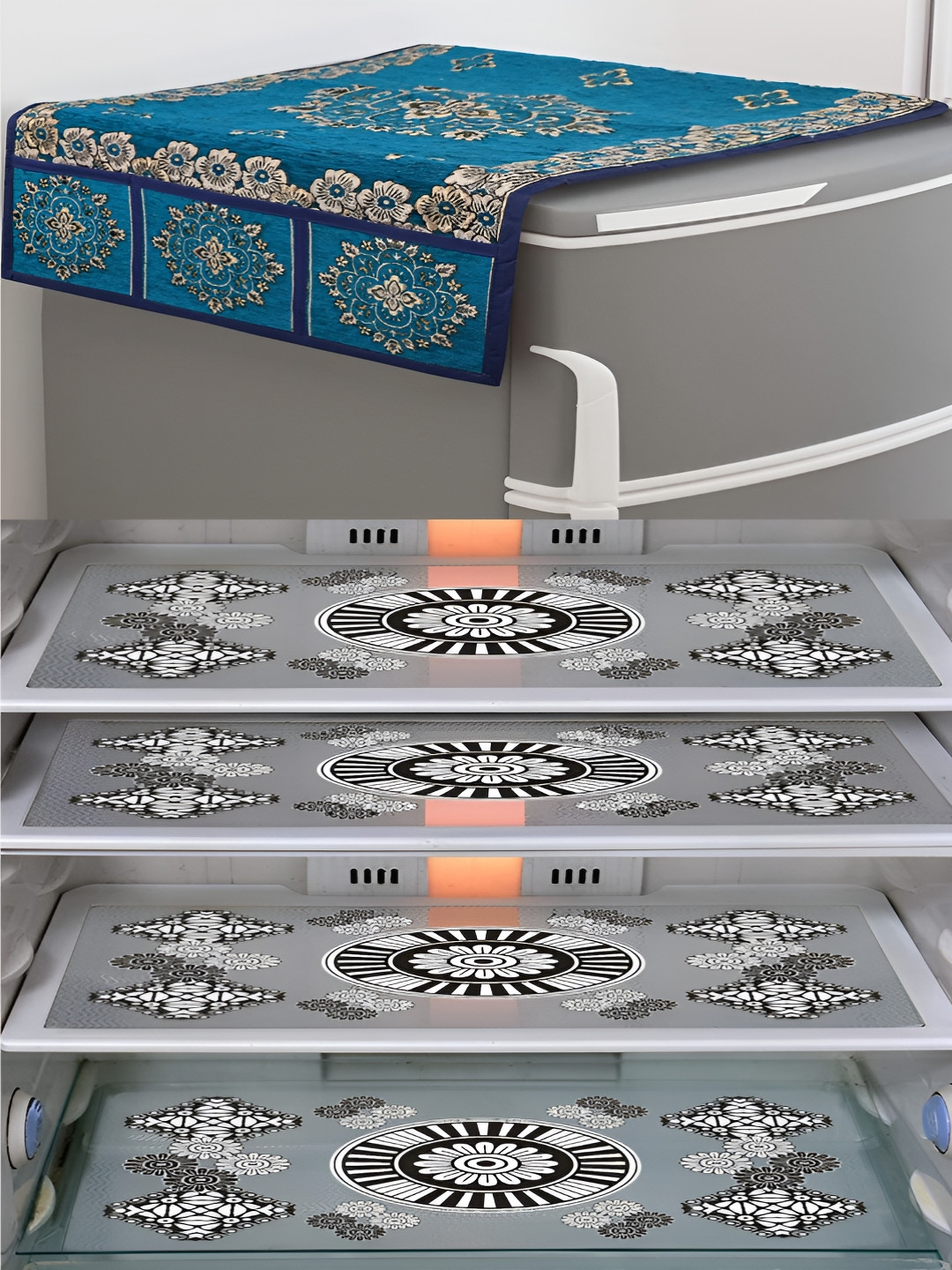 LooMantha Blue & Transparent 5 Pieces Printed Fridge Cover With Side Storage & Fridge Mat