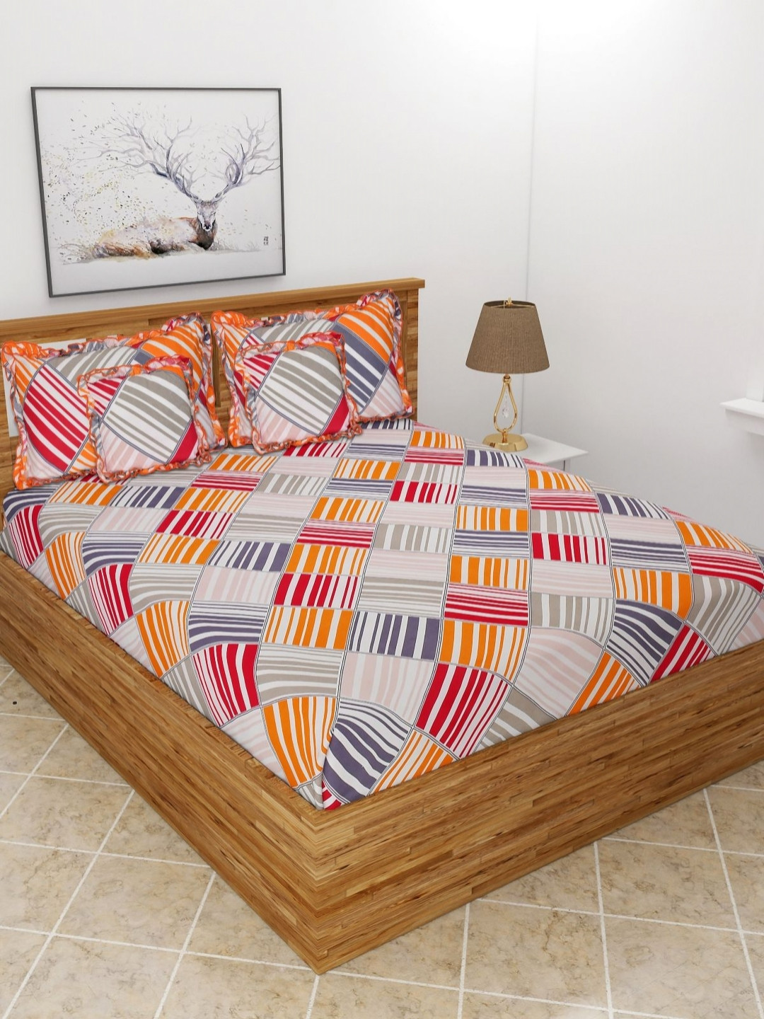 MORADO Red & Grey Geometric Printed 5 Pieces Cotton Double Queen Fine Bedding Set