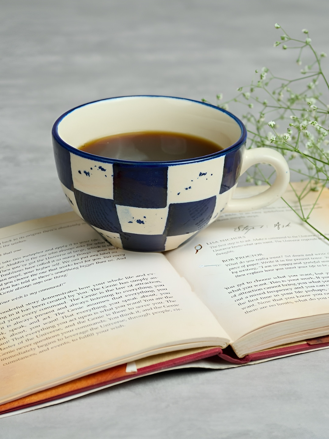 BlackCarrot Diamond Blue Checkered Stoneware Microwave Safe 2 Piece Mugs-200ml