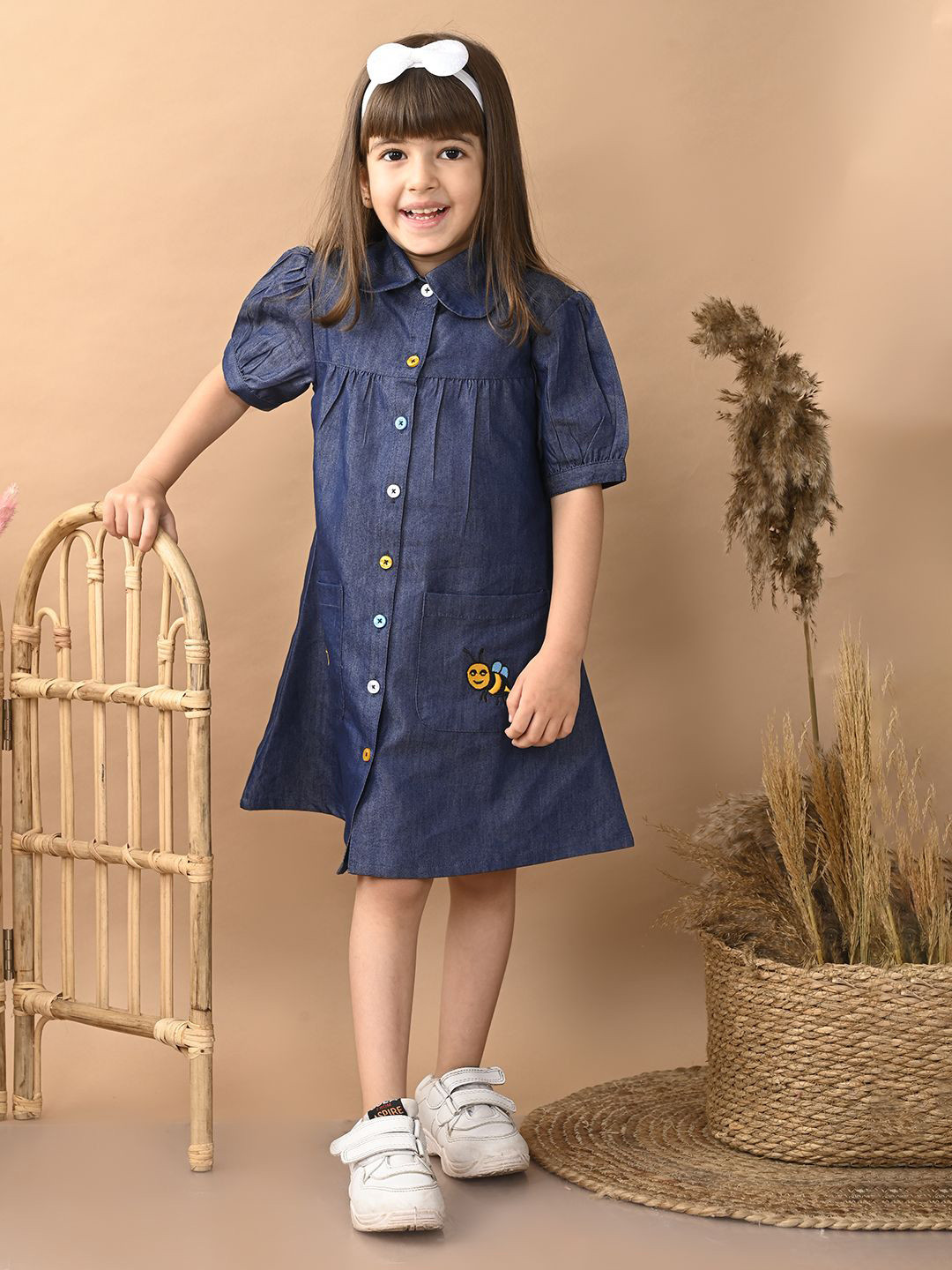 Superminis Girl Solid Puff Sleeve Denim A-Line Dress