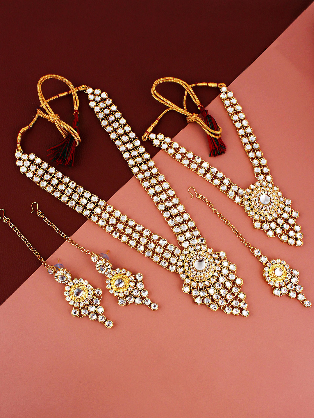 LUCKY JEWELLERY Gold-Plated Kundan Stone-Studded Double-Layered Jewellery Set
