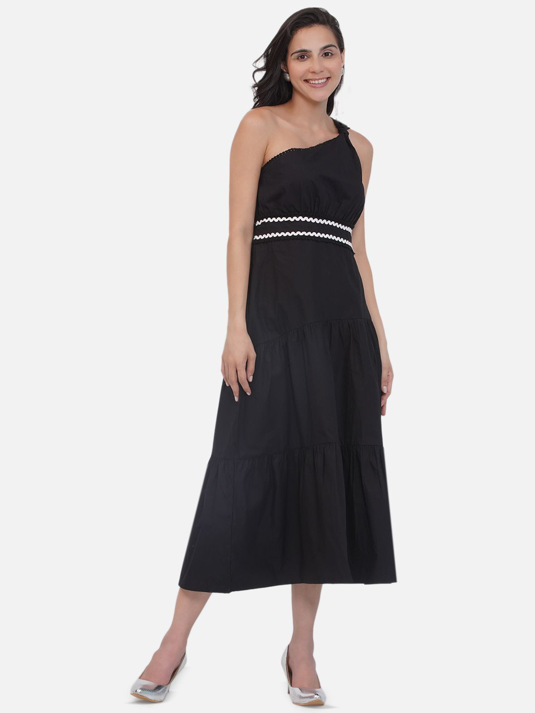 bellamia One Shoulder Layered A-Line Midi Dress