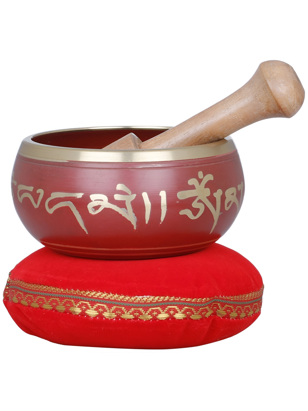 Exotic India Tibetan Buddhist Five Dhyani Buddhas Singing Bowl Red Brass Metallic Prayer Room Hand Made Set of 3 Small Showpieces - 2 Inches