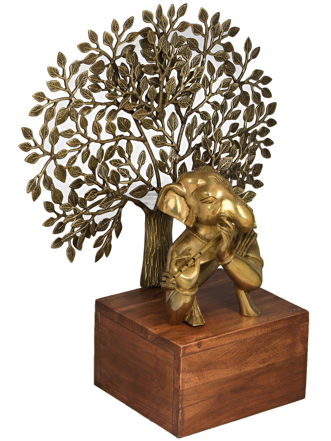 Exotic India Ganesha Playing Flute Against The Backdrop Of A Tree Gold Brass Metallic Prayer Room Hand Made Extra Large Showpiece - 24.5 Inches