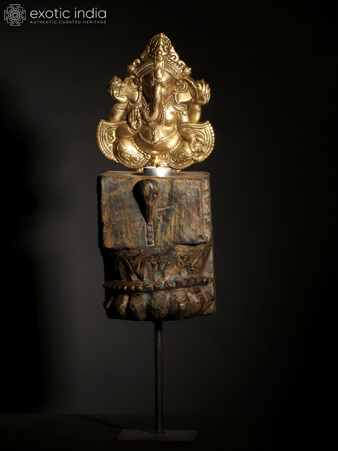 Exotic India Blessing Ganesha with Candle Holder Gold Brass Metallic Prayer Room Large Showpiece - 21 Inches
