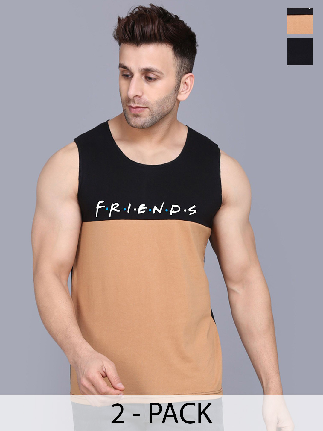 SLOWLORIS Pack Of 2 Printed Cotton Gym Vests SL26 COMBO (LOUD BLACK) (FRD BLKRST)