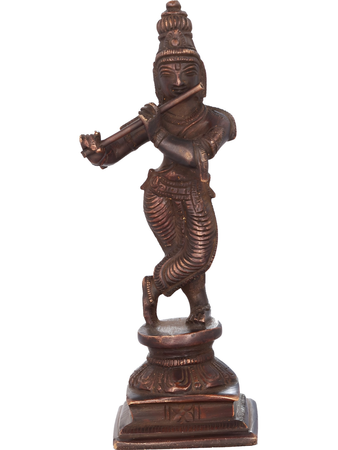 Exotic India Lord Krishna Playing On Flute Brown Brass Natural Prayer Room Hand-Crafted Small Showpiece - 6 Inches