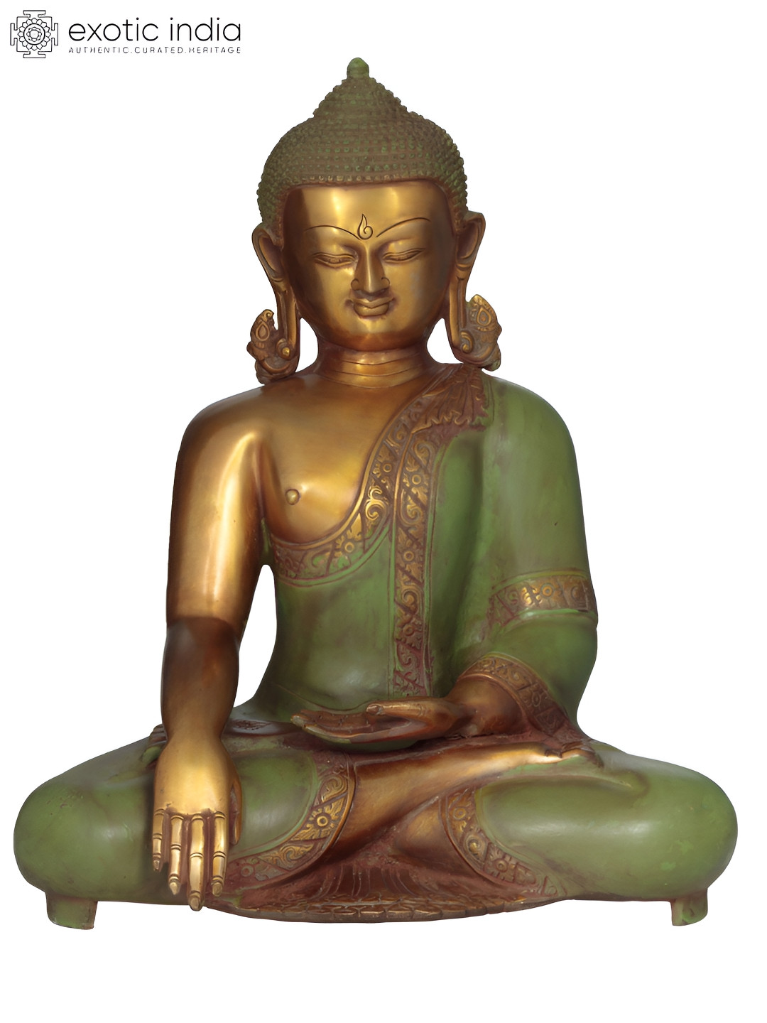 Exotic India Buddha in Bhumisparsha Mudra Gold Brass Metallic Home Office Medium Showpiece - 18 Inches