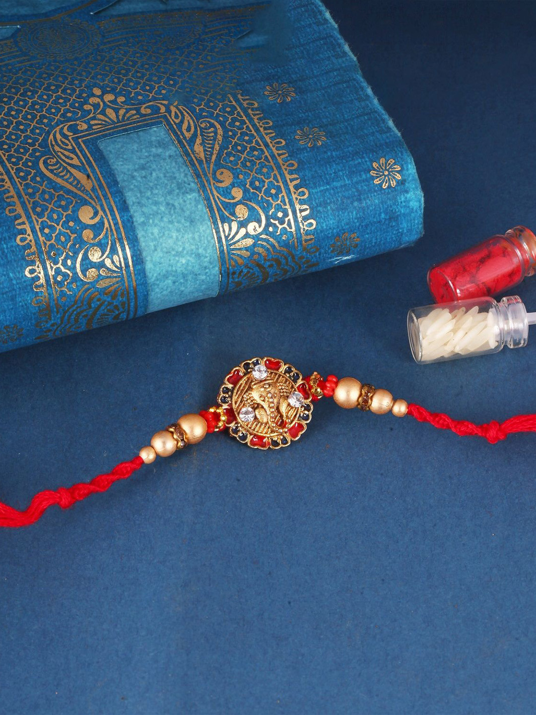 Vighnaharta Kids Set of 3 Gold and Rhodium Plated Ganesh Mayur & Peacock Thread Rakhis