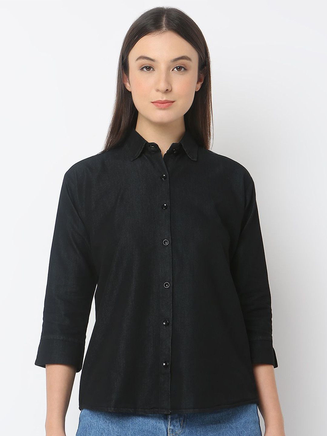 Smarty Pants Women Comfort Spread Collar Solid Denim Formal Shirt