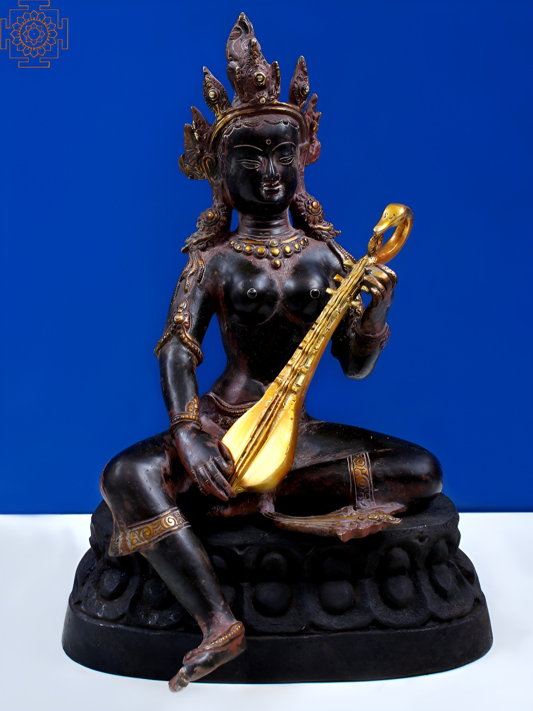 Exotic India Nepalese Form Of Saraswati Black Brass Metallic Prayer Room Medium Showpiece - 7.5 Inches