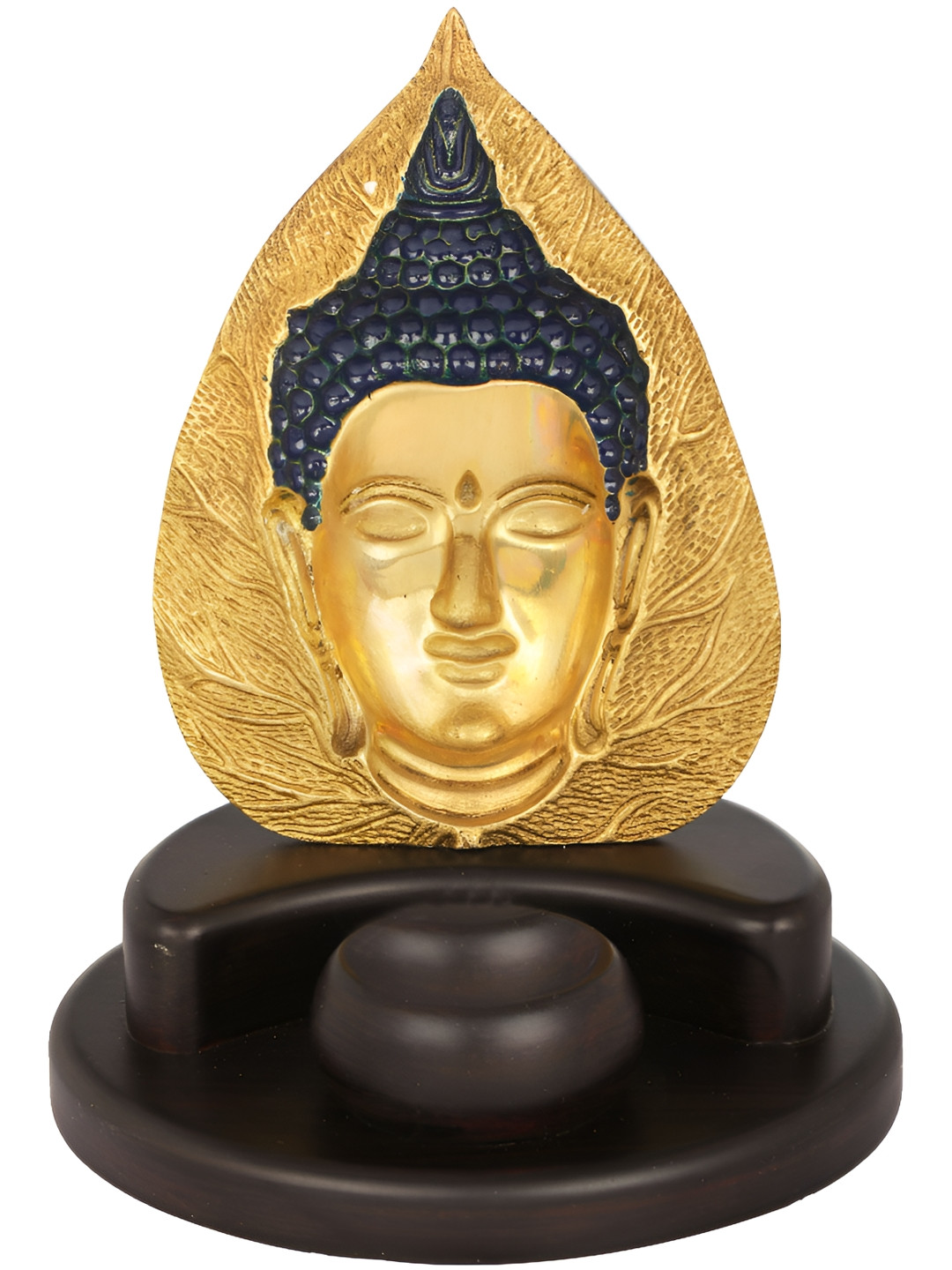 Exotic India Pipal Leaf Buddha Candle Holder Gold Brass Metallic Living Room Small Showpiece - 7.4 Inches