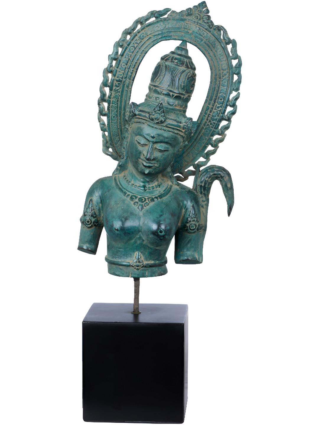 Exotic India Goddess Parvati Bust Sea Green Brass Metallic Prayer Room Medium Showpiece - 16.6 Inches