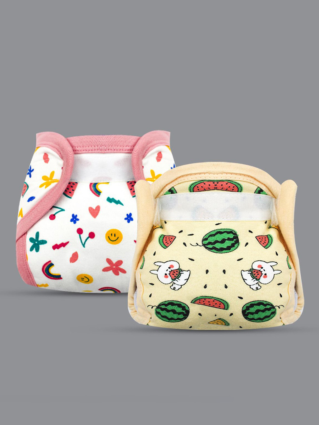 Born Babies Set Of 2 Printed Soft & Breathable Reusable Cloth Velcro Diapers