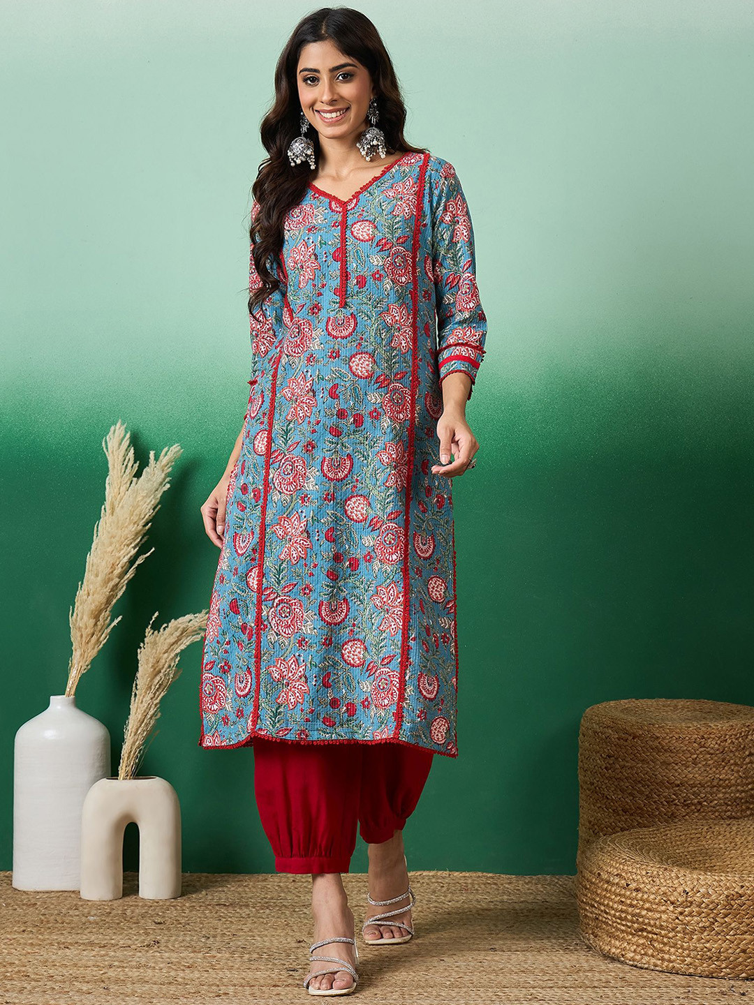 Sangria Floral Printed V Neck Pure Cotton Straight Kurta With Patiala Trouser