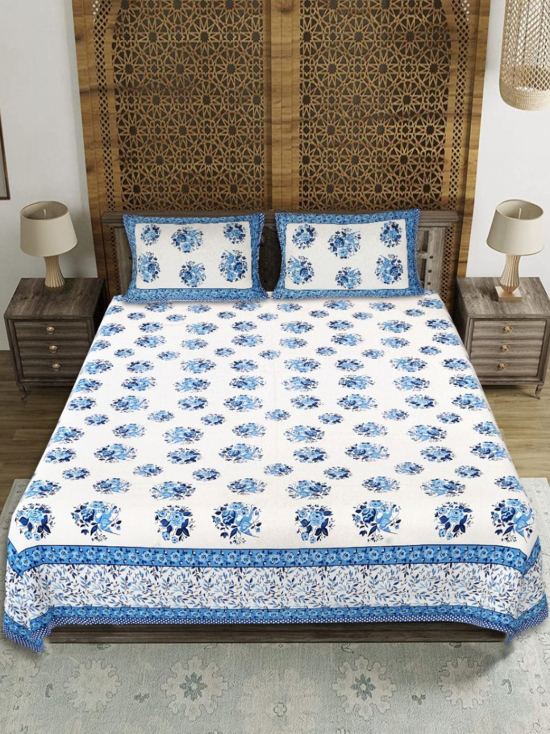 EasyGoods Hawamahal_20 Blue Ethnic Motifs Cotton 210 TC King Fine Bedsheet with 2 Pillow Covers-90 x 103 inches