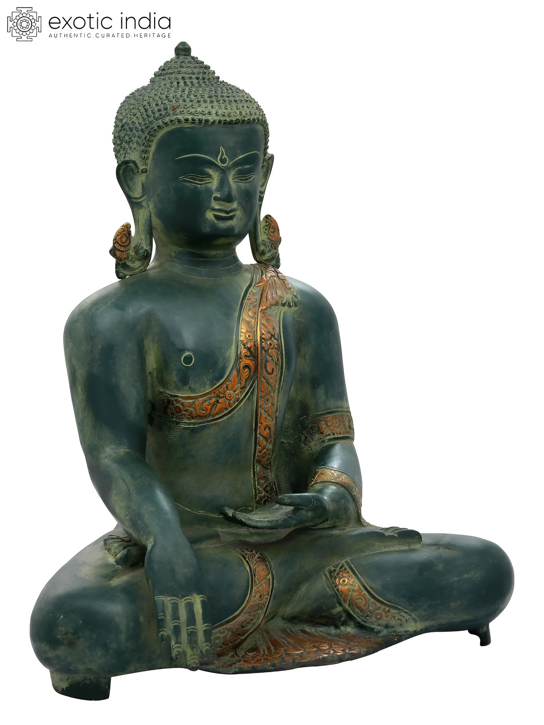 Exotic India The Buddha in Bhumisparsha Mudra Green Brass Metallic Living Room Large Showpiece - 16 Inches