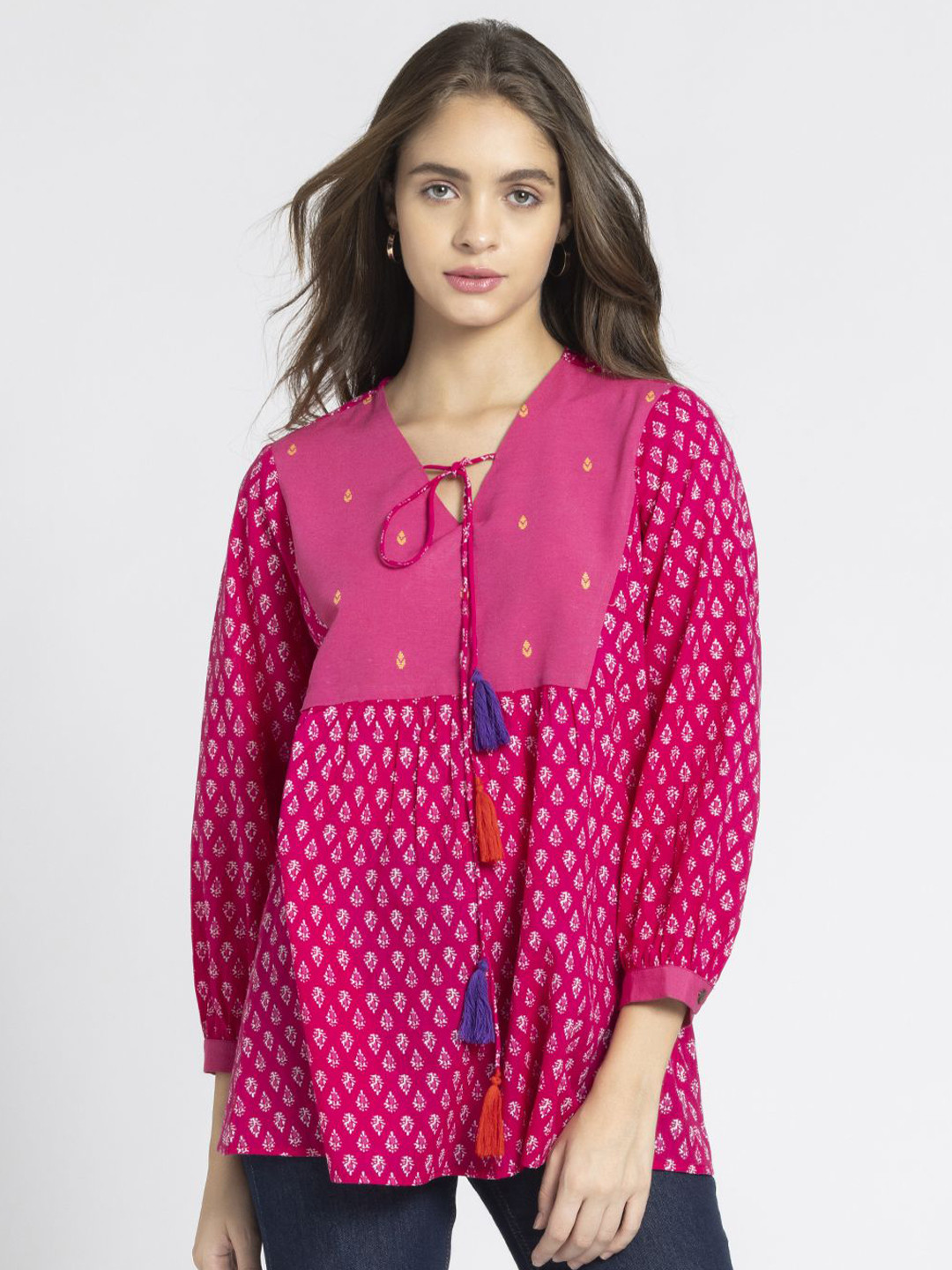 SHAYE Women Ethnic Motifs Printed V-Neck Pure Cotton Empire Kurti