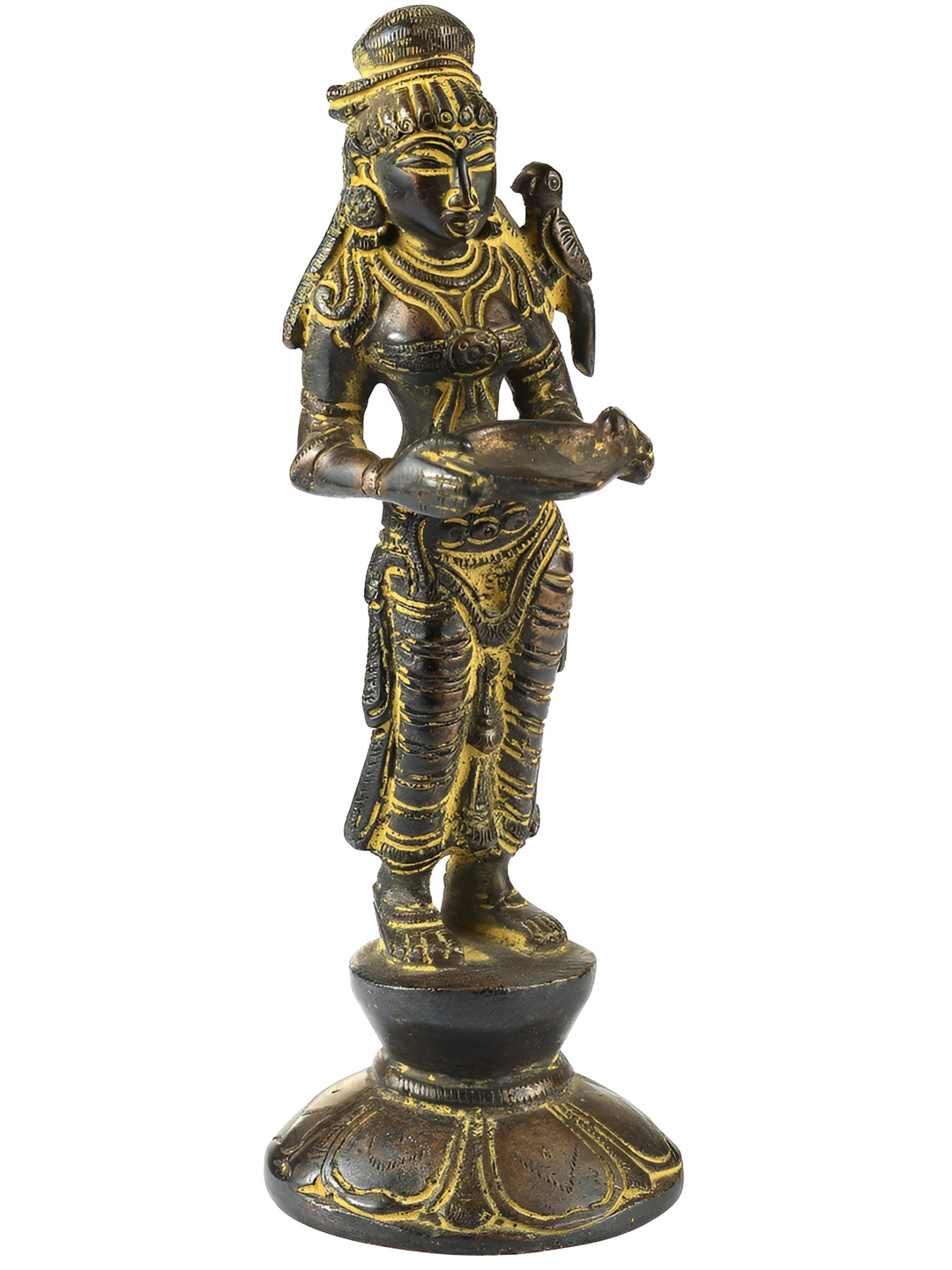 Exotic India Deeplakshmi Yellow Brass Metallic Prayer Room Hand Made Small Showpiece - 6.5 Inches