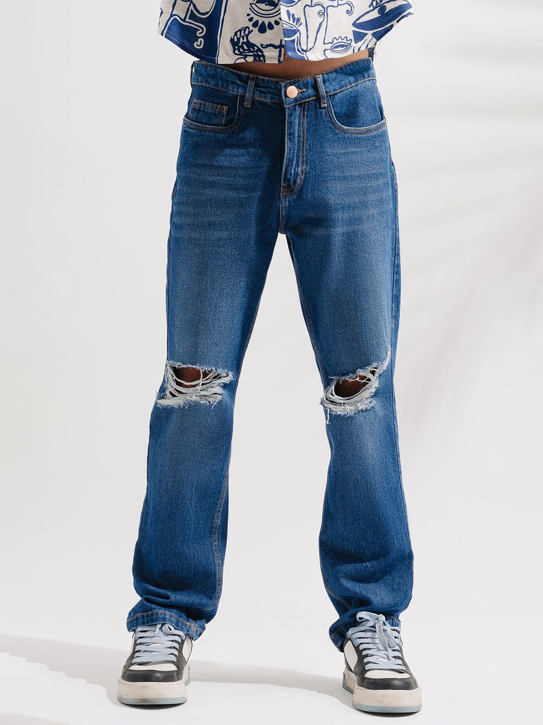 FREAKINS Men Cotton Wide Leg High-Rise Slash Knee Light Fade Ripped Jeans