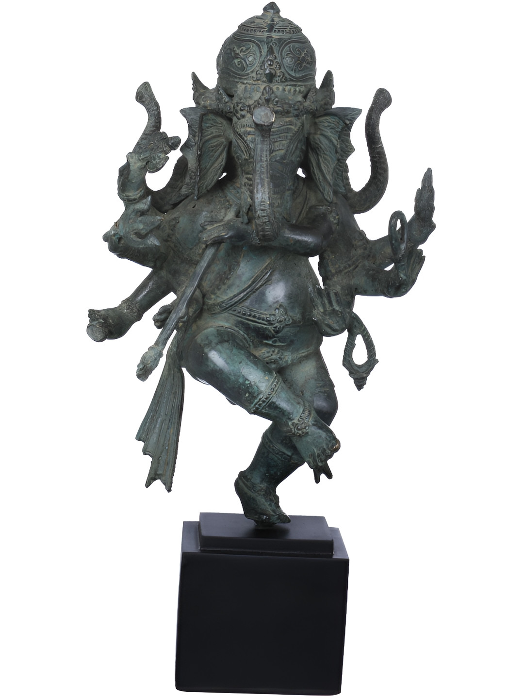 Exotic India Three Headed Musical Ganesha Playing a Flute Black Brass Metallic Prayer Room Music Medium Showpiece - 16 Inches