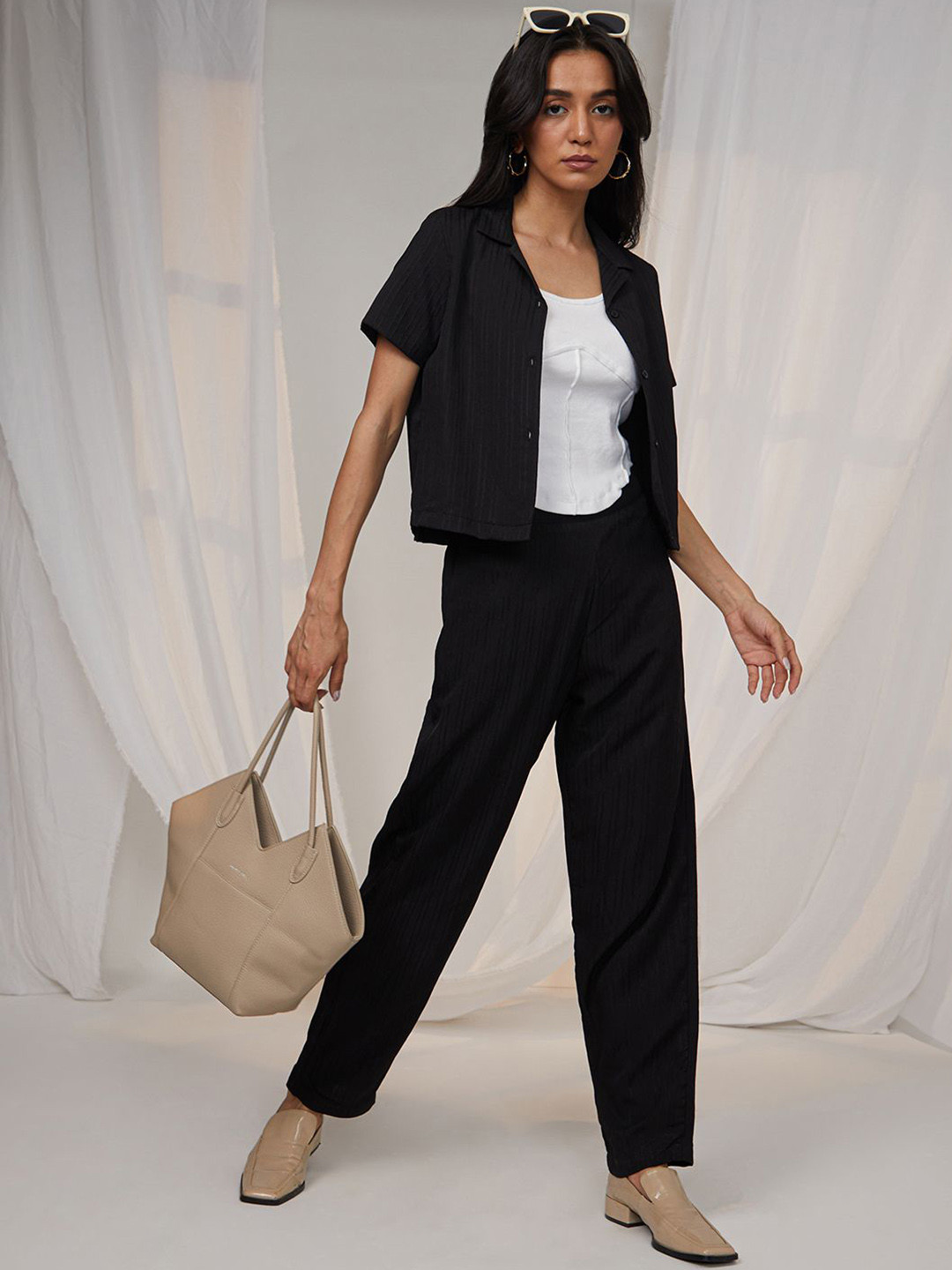 PINACOLADA Self Design Cuban Collar Short Sleeves Casual Shirt With Trousers