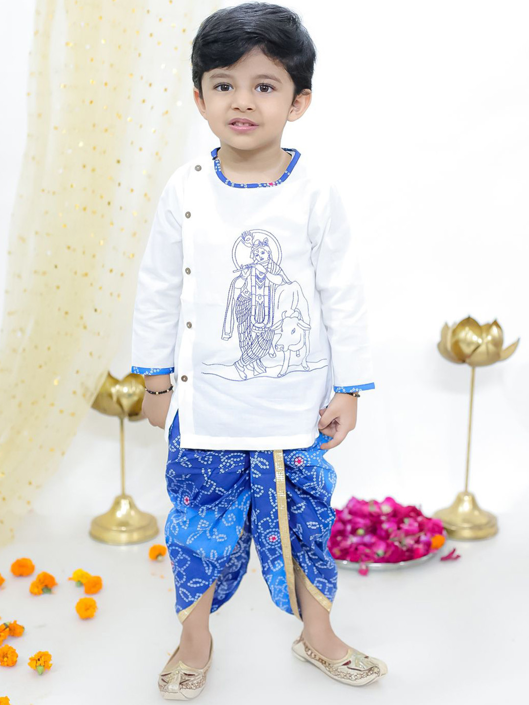 KID1 Boys Nandlala Krishna Printed Thread Work Pure Cotton Angrakha Kurta with Dhoti Pants