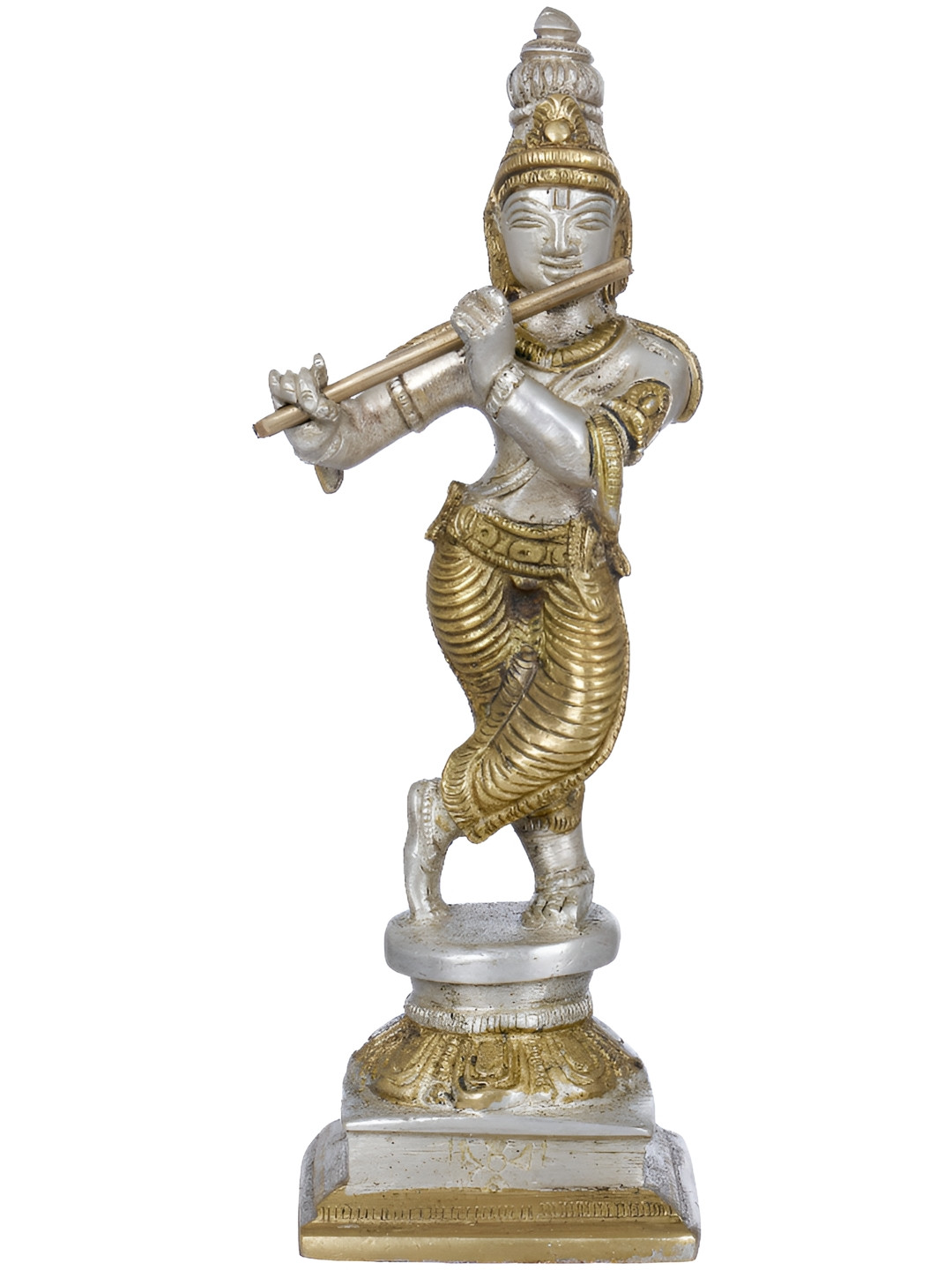 Exotic India Lord Krishna Statue Playing On Flute Gold Brass Metallic Prayer Room Hand Made Small Showpiece - 2 Inches