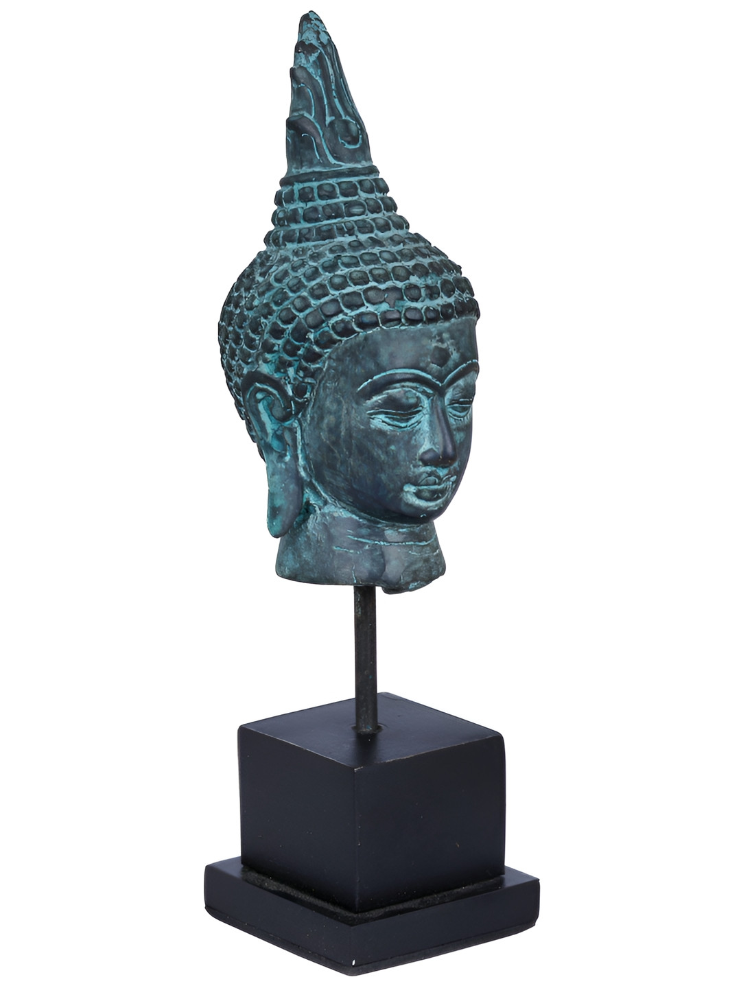 Exotic India Buddha Head Grey Brass Metallic Home Office Hand Made Tiny Showpiece - 6.5 Inches