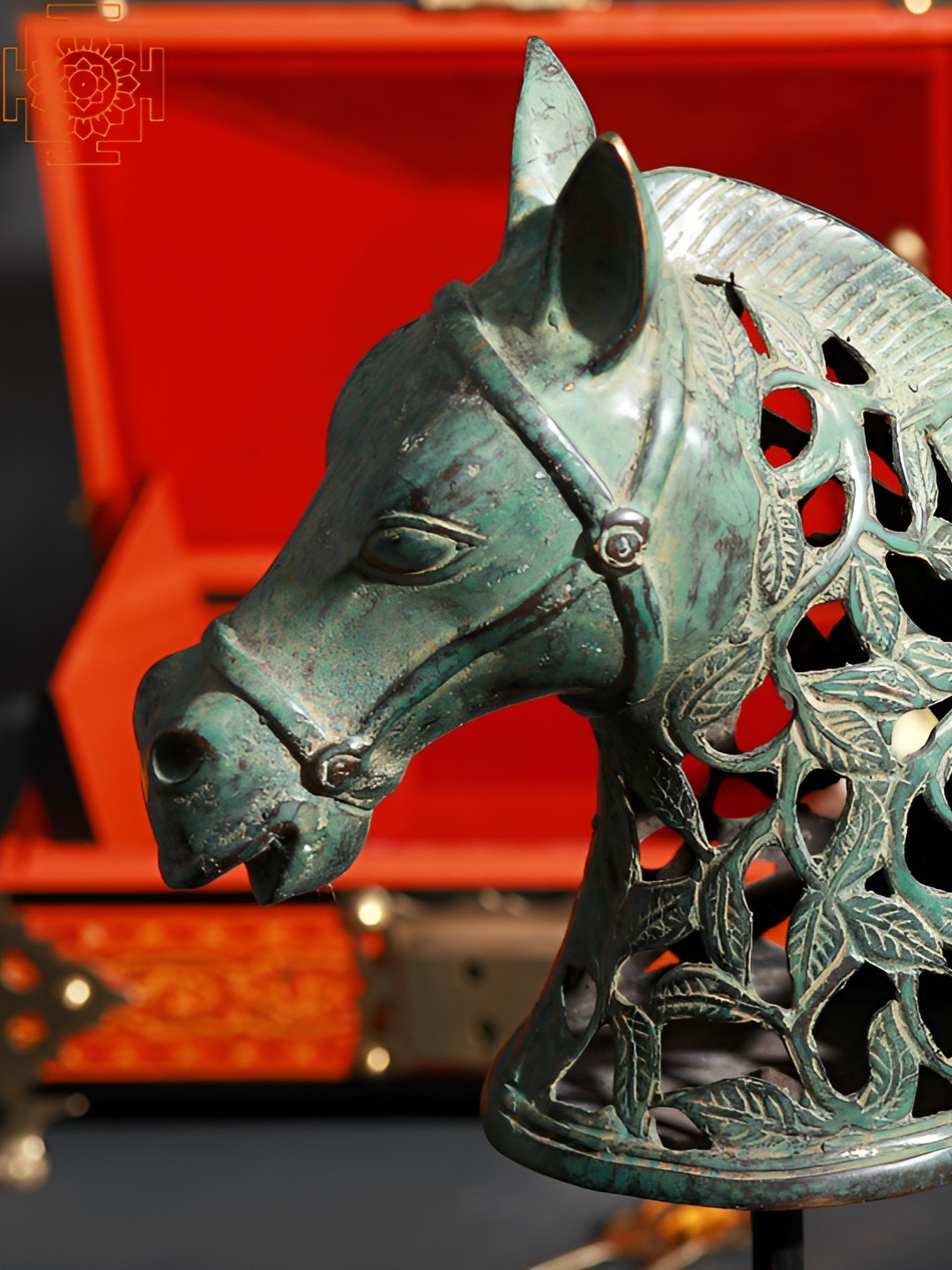 Exotic India Horse Head on Stand Sea Green Brass Metallic Living Room Medium Showpiece - 10 Inches