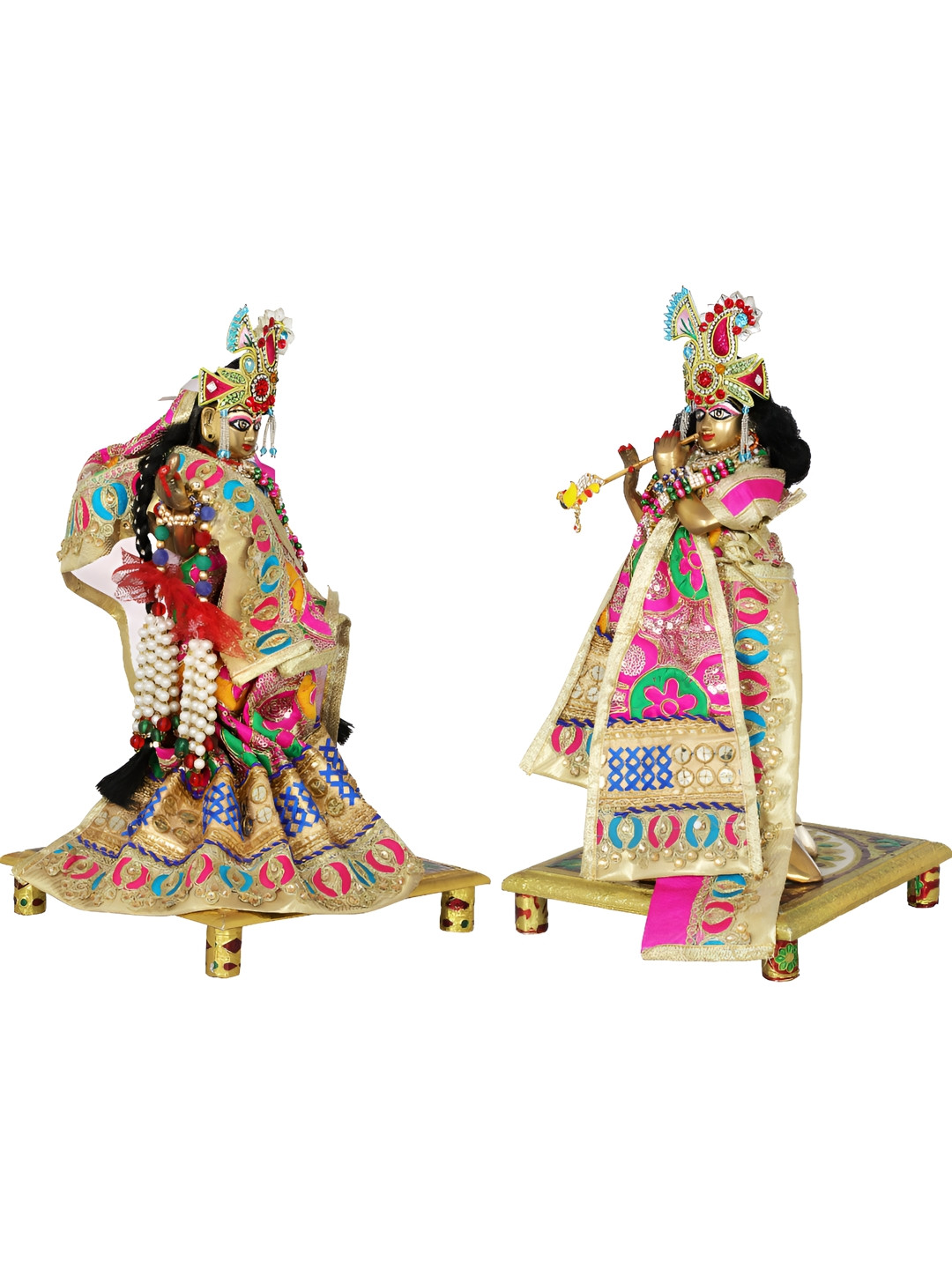 Exotic India Radha Krishn Gold Brass Metallic Prayer Room Hand Made Set of 2 Small Showpieces - 6.5 Inches