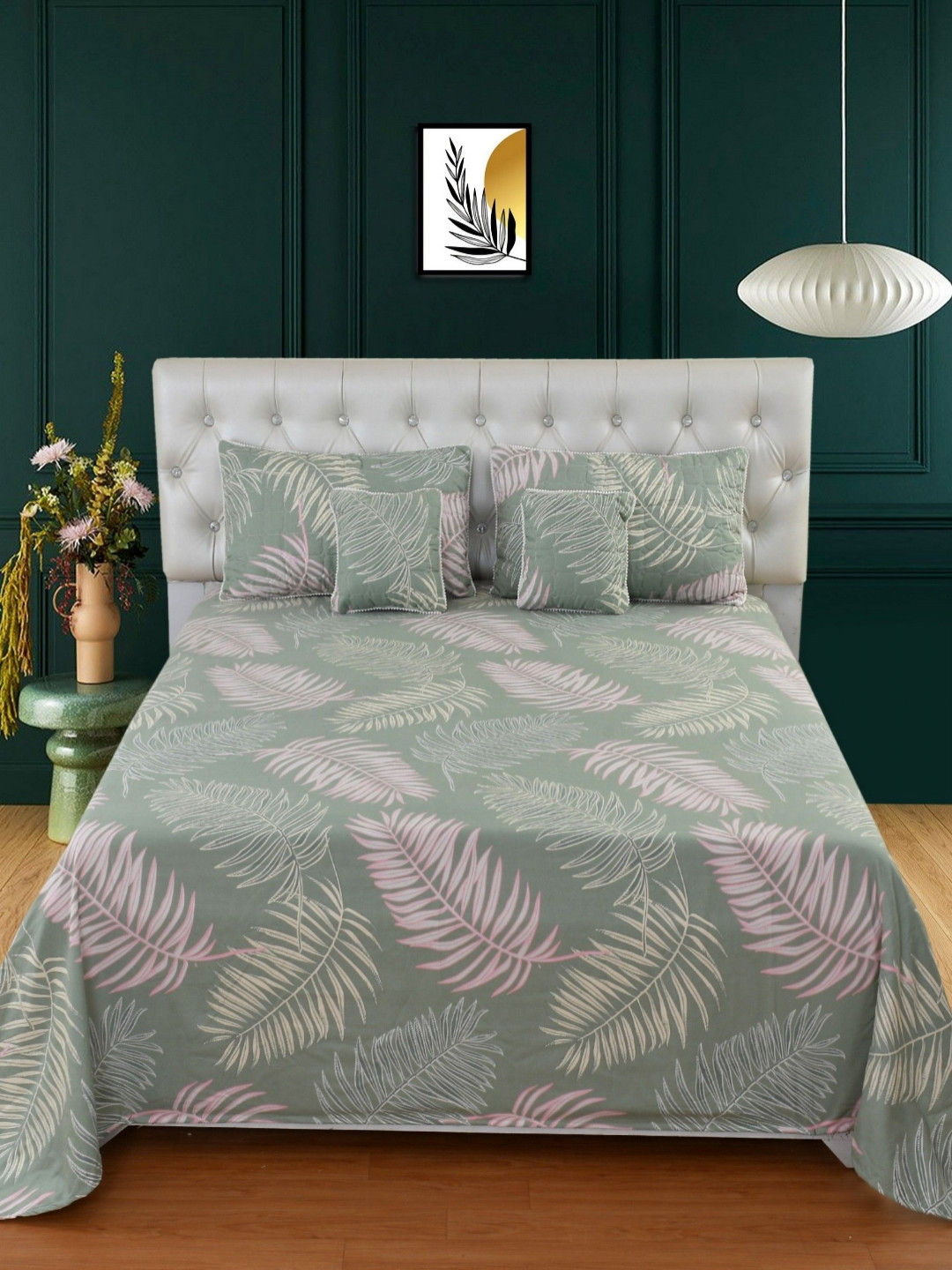 BREVARD Green 5 Pieces Floral Cotton Double Sized King Regular Bedding Set