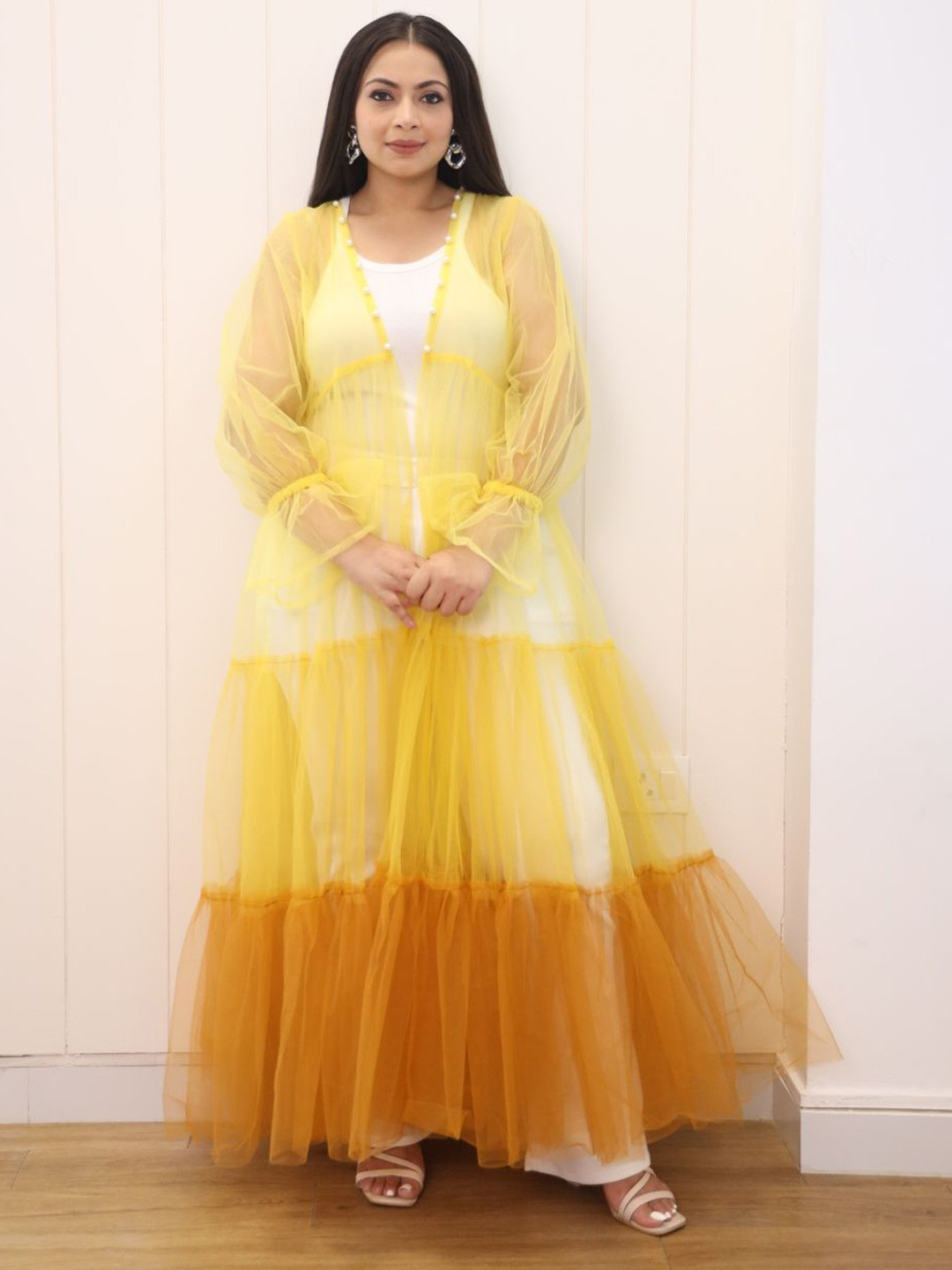 Swadeshi Shringaar Colourblocked Beaded Longline Open Front Shrug