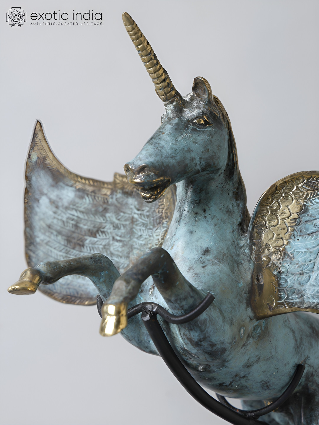 Exotic India Unicorn Blue Brass Metallic Living Room Large Showpiece - 21 Inches