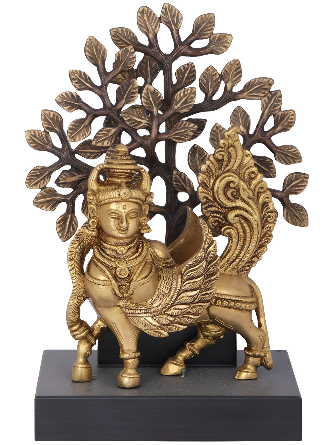 Exotic India Cow Kamadhenu Standing Against A Background Of Tree Gold Brass Metallic Prayer Room Medium Showpiece - 8.8 Inches