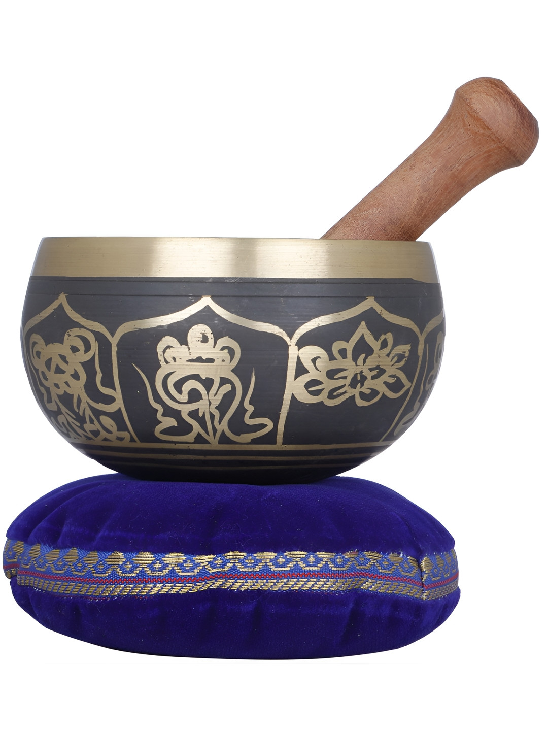 Exotic India Ashtamangala Singing Bowl Navy Blue Brass Metallic Living Room Hand Made Set of 3 Small Showpieces - 2.4 Inches