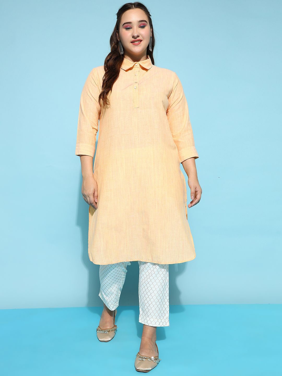KALINI Women Solid Side Slits Shirt Collar Kurta