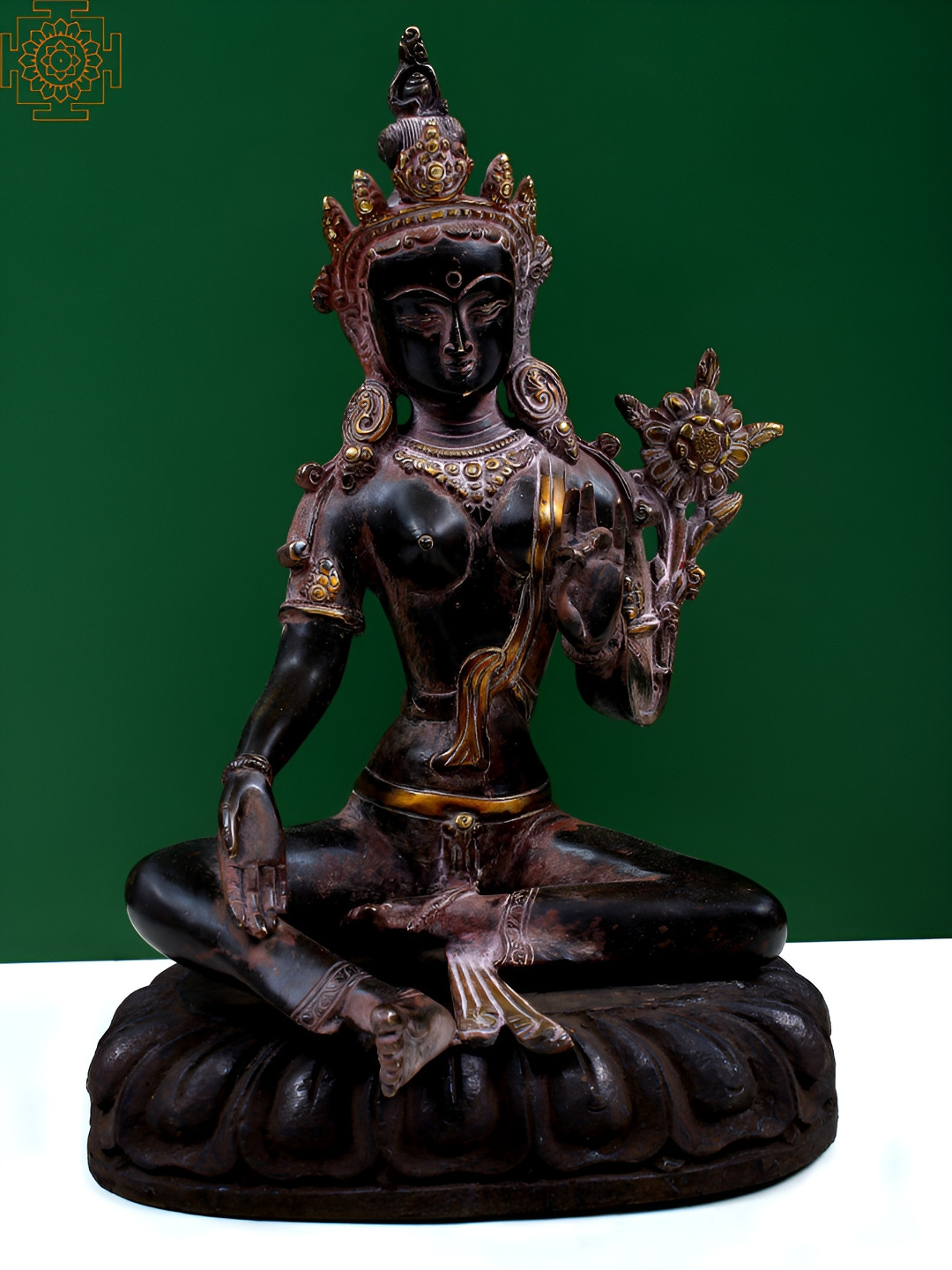 Exotic India Goddess Green Tara Black Brass Metallic Prayer Room Medium Showpiece - 12.2 Inches