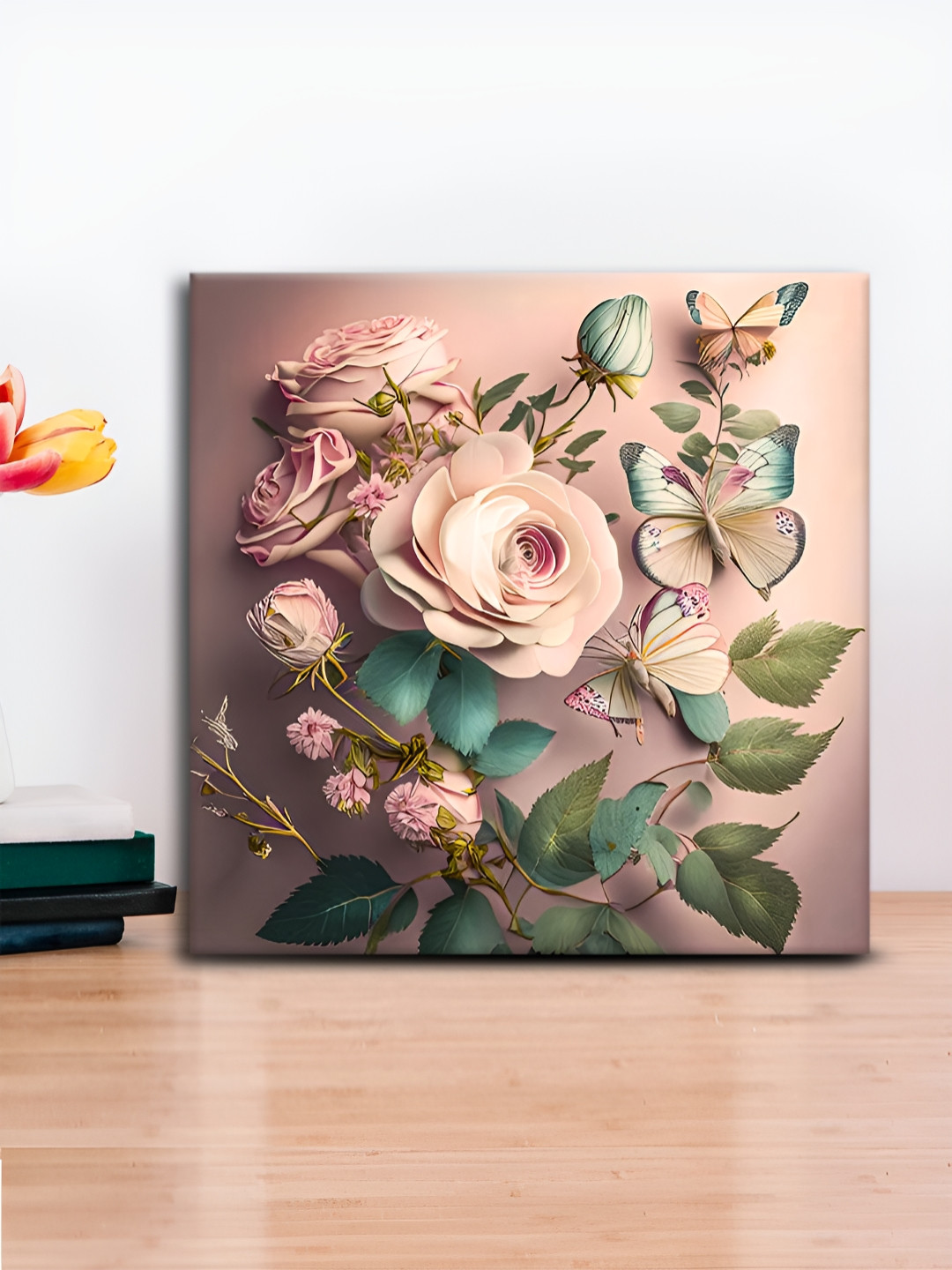 OLIVE TREE Peach-Coloured & Green Floral Wooden Framed Canvas Painting Wall Art