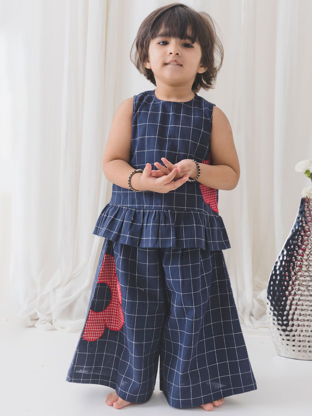 Tiber Taber Girls Checked Sleeveless Pure Cotton A-Line Top With Palazzos